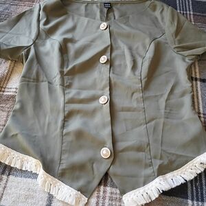 Chic Olive Button-Up Blouse with Fringe
